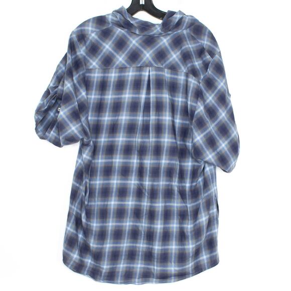 Vince Womens Top Boho Country Grunge 90s Cowl Neck Button Up Plaid Blue Medium - Picture 2 of 2
